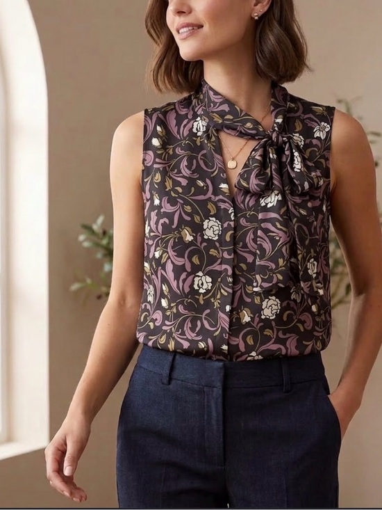 LOFT Tops - LOFT Tie-Neck Floral Black Plum Olive Green Sleeveless Top